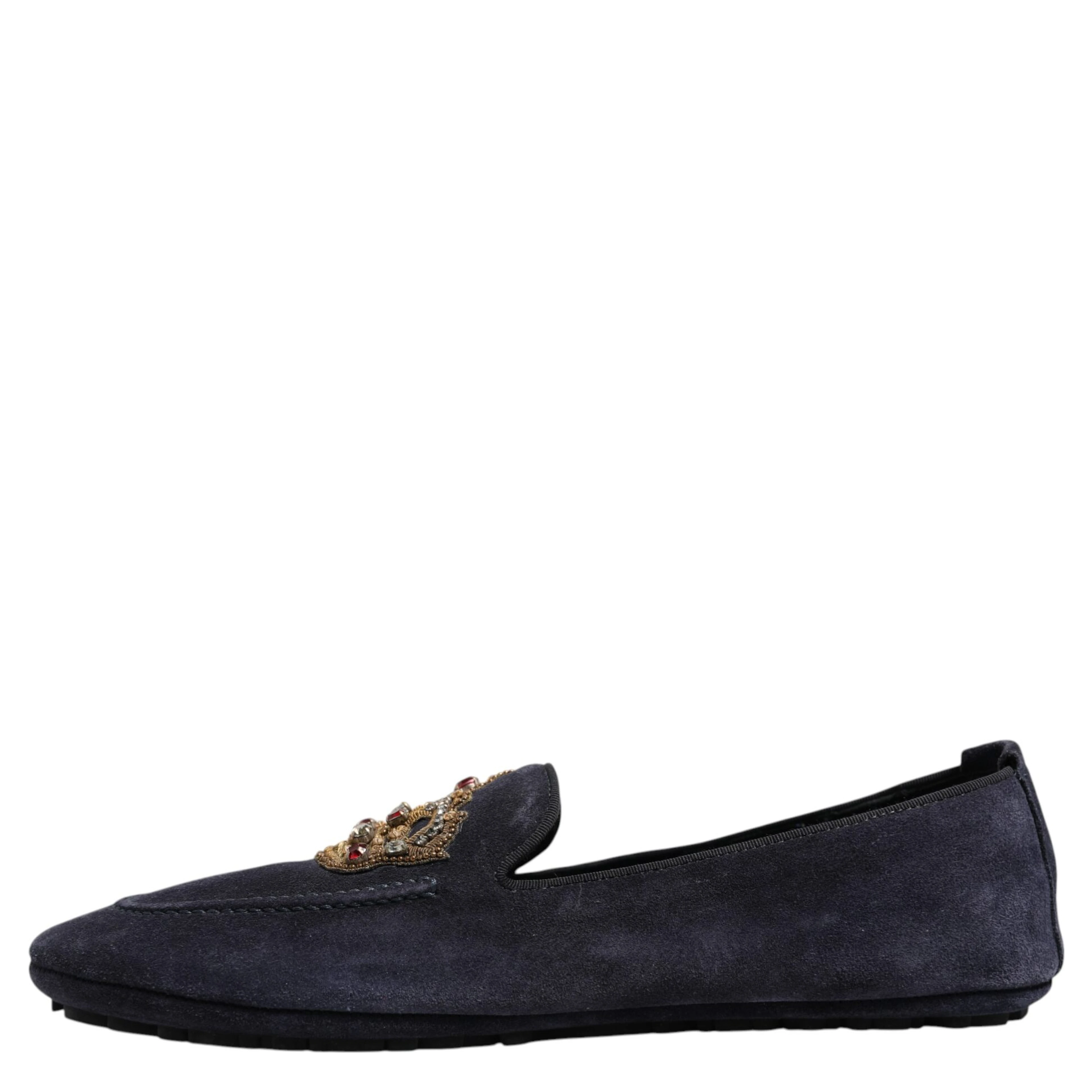 Blue Suede Crown Crystal Loafers Dress Shoes