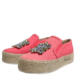 Pink Canvas Crystal Embellished Slip On Shoes