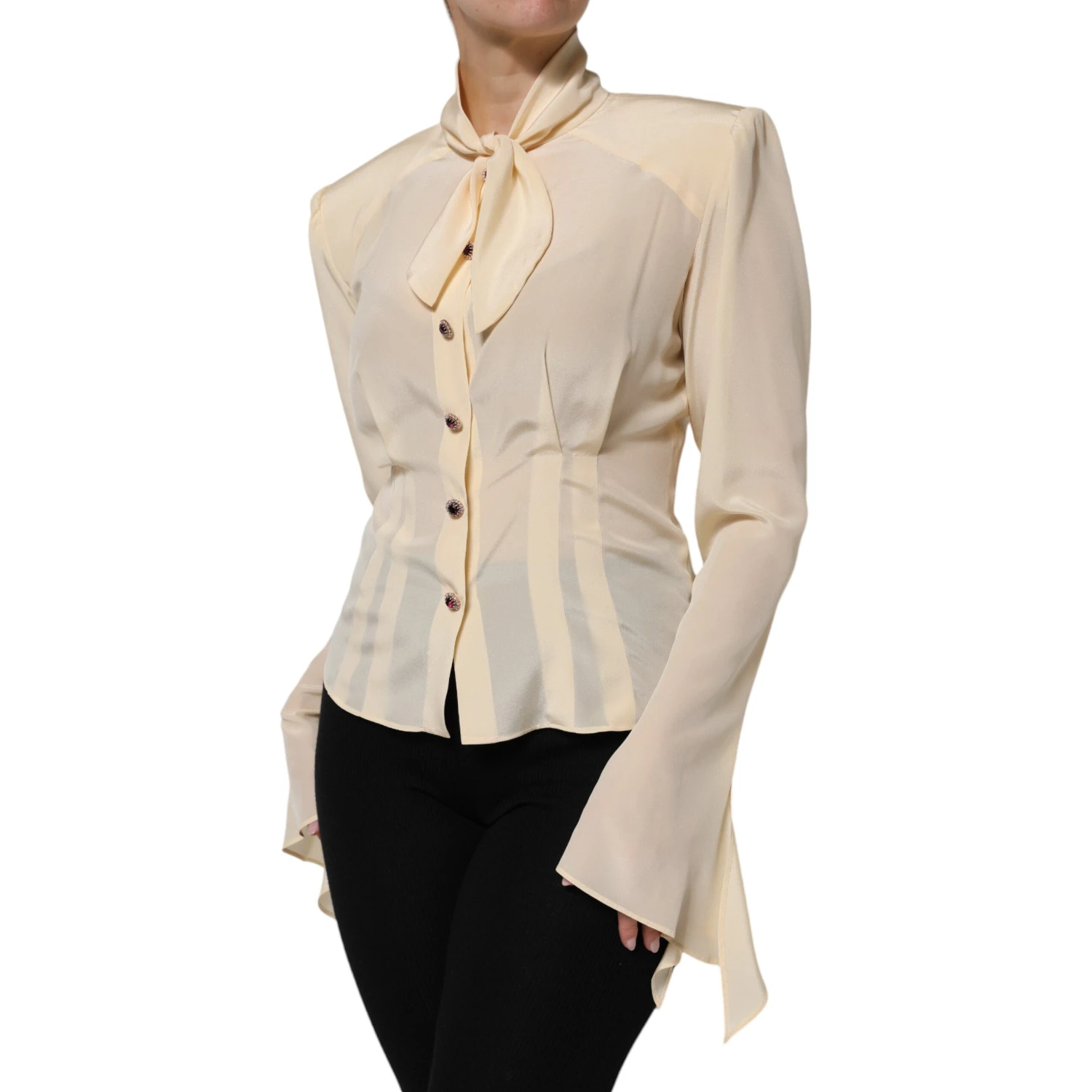Light Yellow Silk Ascot Collared Blouse Top