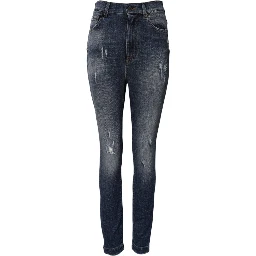 Blue Washed Cotton High Waisted Denim Jeans