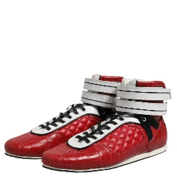Red Quilted Leather Lace Up Sneakers Shoes