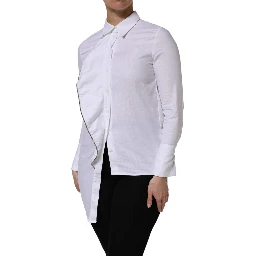 White Cotton Collared Long Sleeves Ruffle Top Shirt