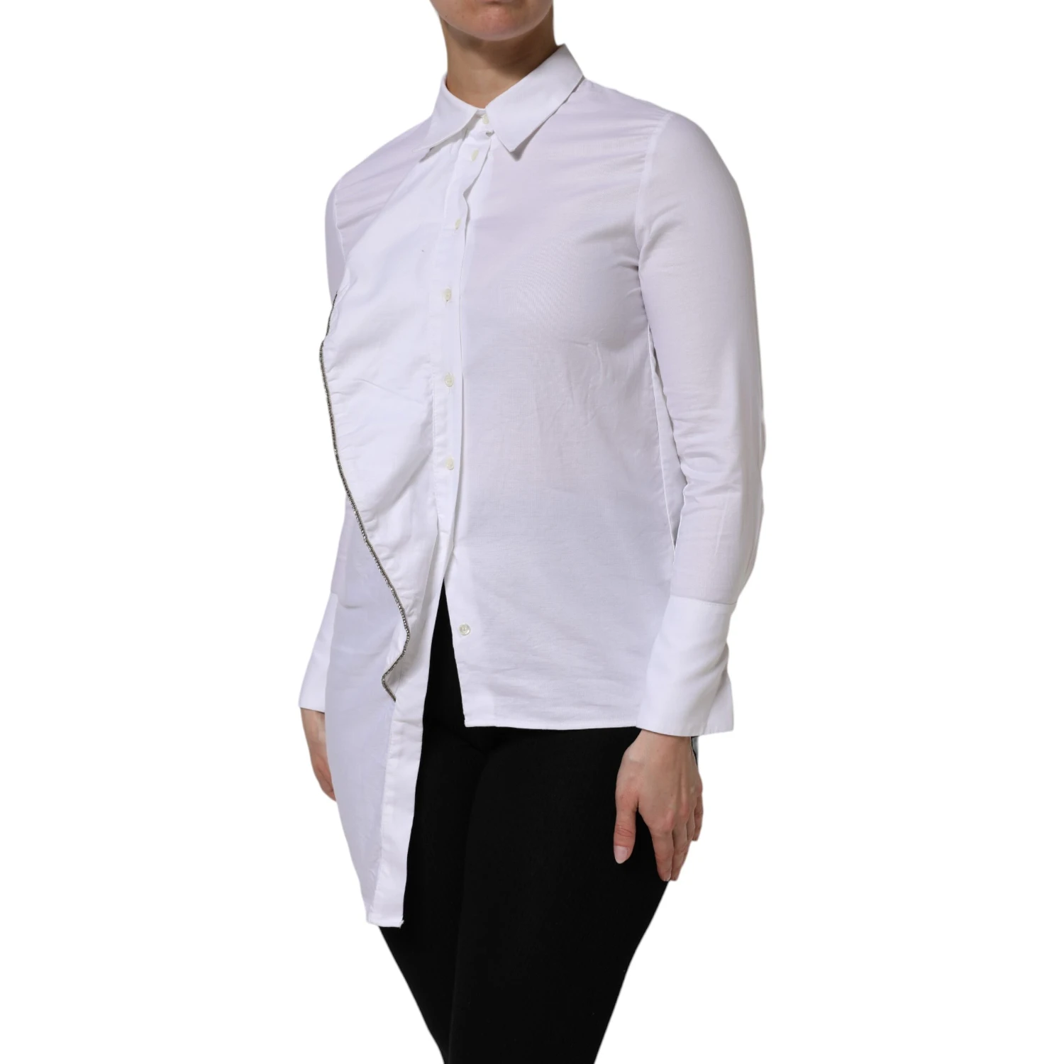White Cotton Collared Long Sleeves Ruffle Top Shirt