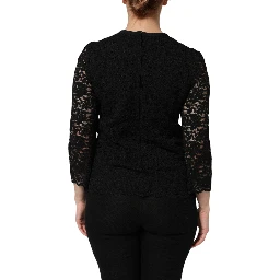 Black Nylon Lace Long Sleeve Blouse Top