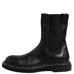 Black Leather Mid Calf Boots Flats Shoes