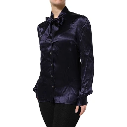 Dark Purple Silk Ascot Collared Blouse Top