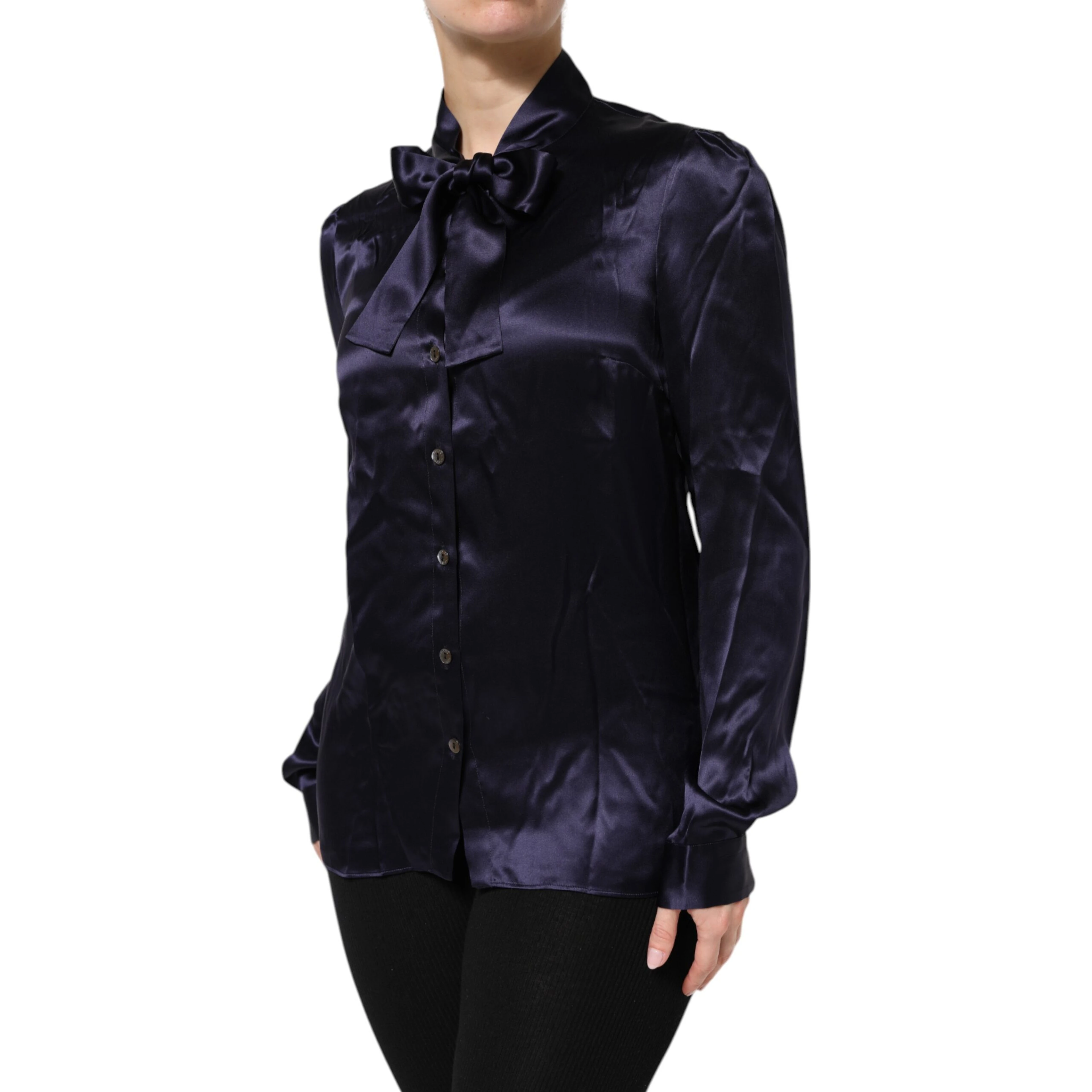 Dark Purple Silk Ascot Collared Blouse Top