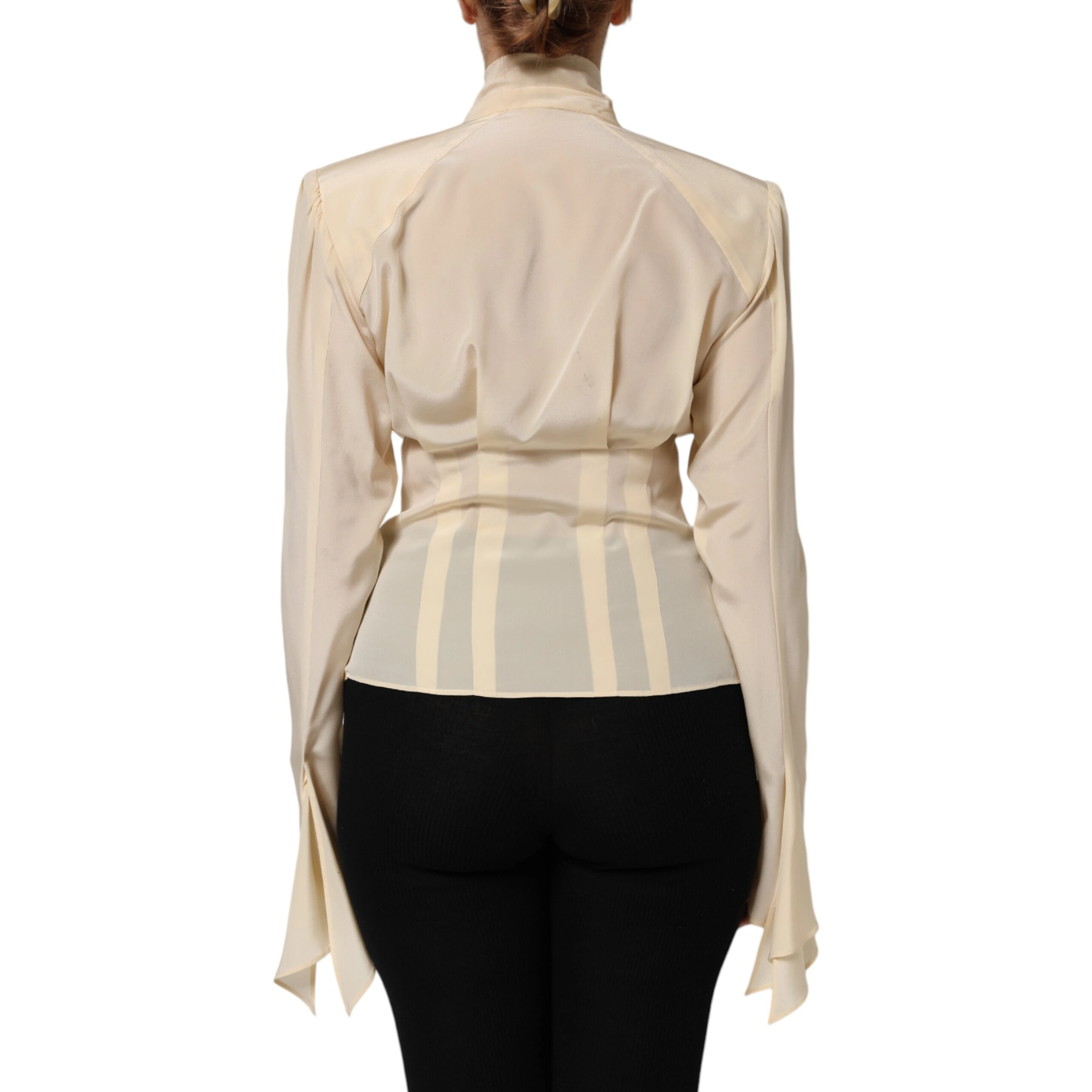 Light Yellow Silk Ascot Collared Blouse Top