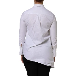 White Cotton Collared Long Sleeves Ruffle Top Shirt