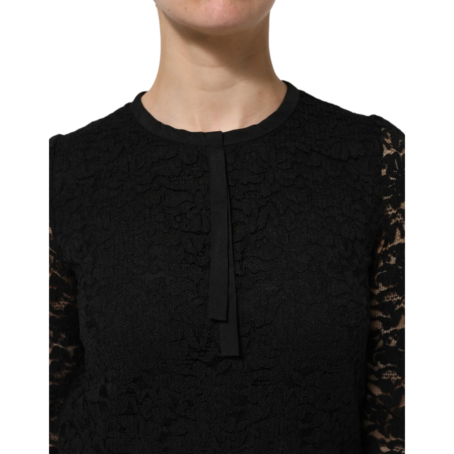 Black Nylon Lace Long Sleeve Blouse Top