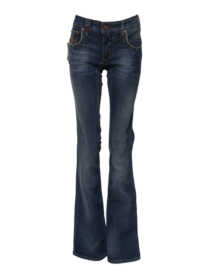 Blue Cotton Mid Waist Wide Leg Denim Jeans