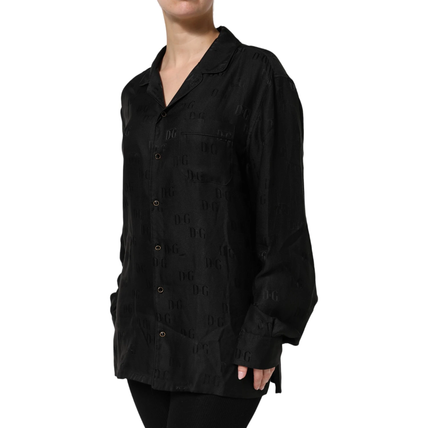 Black Silk DG Embroidery Long Sleeves Top