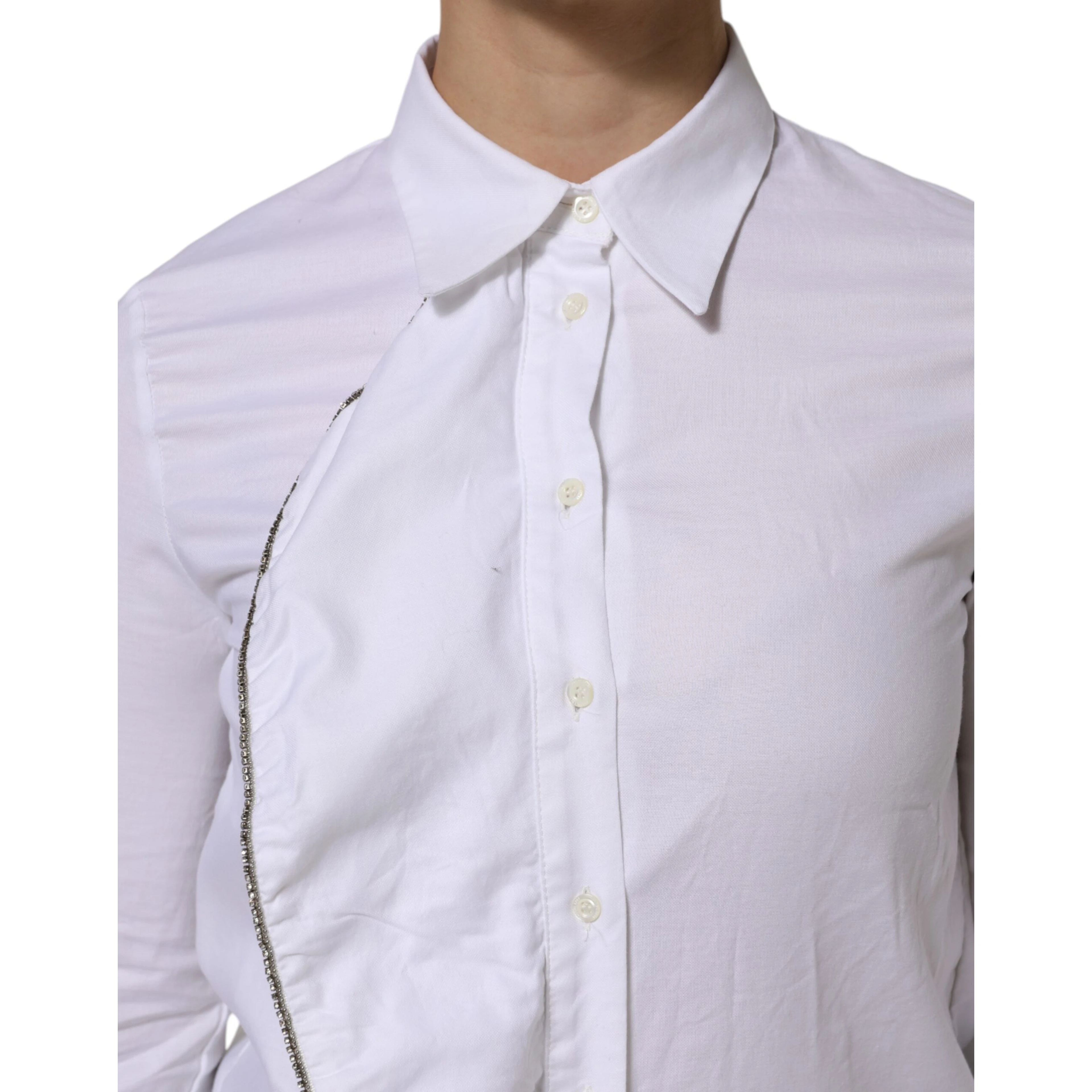 White Cotton Collared Long Sleeves Ruffle Top Shirt