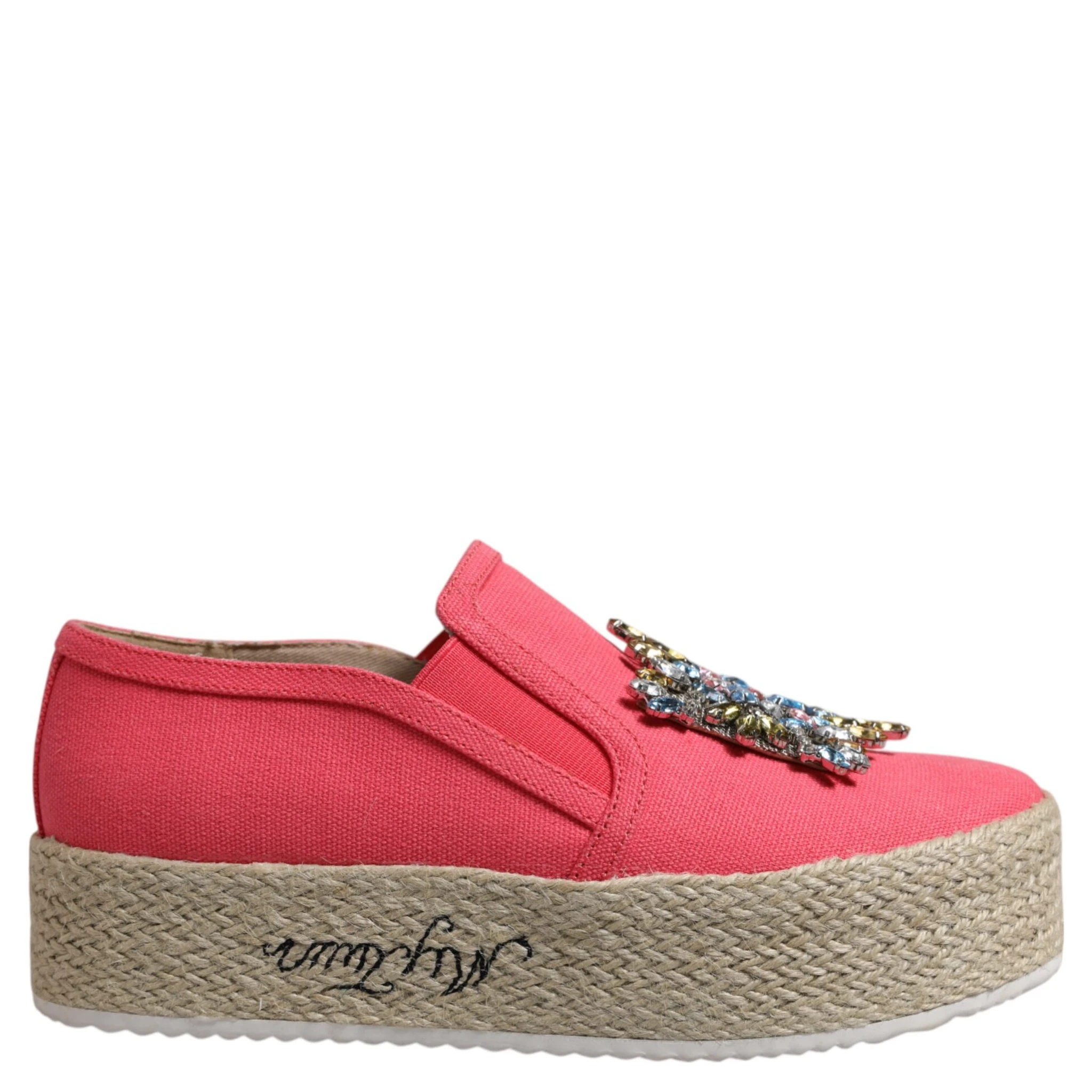 Pink Canvas Crystal Embellished Slip On Shoes