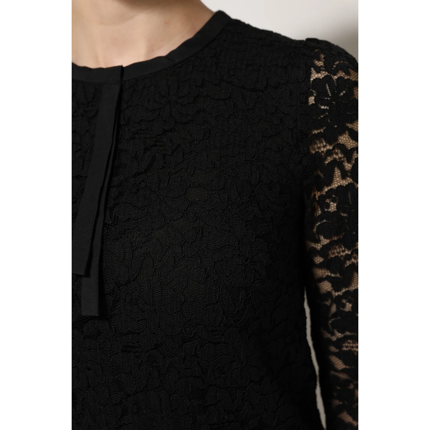 Black Nylon Lace Long Sleeve Blouse Top