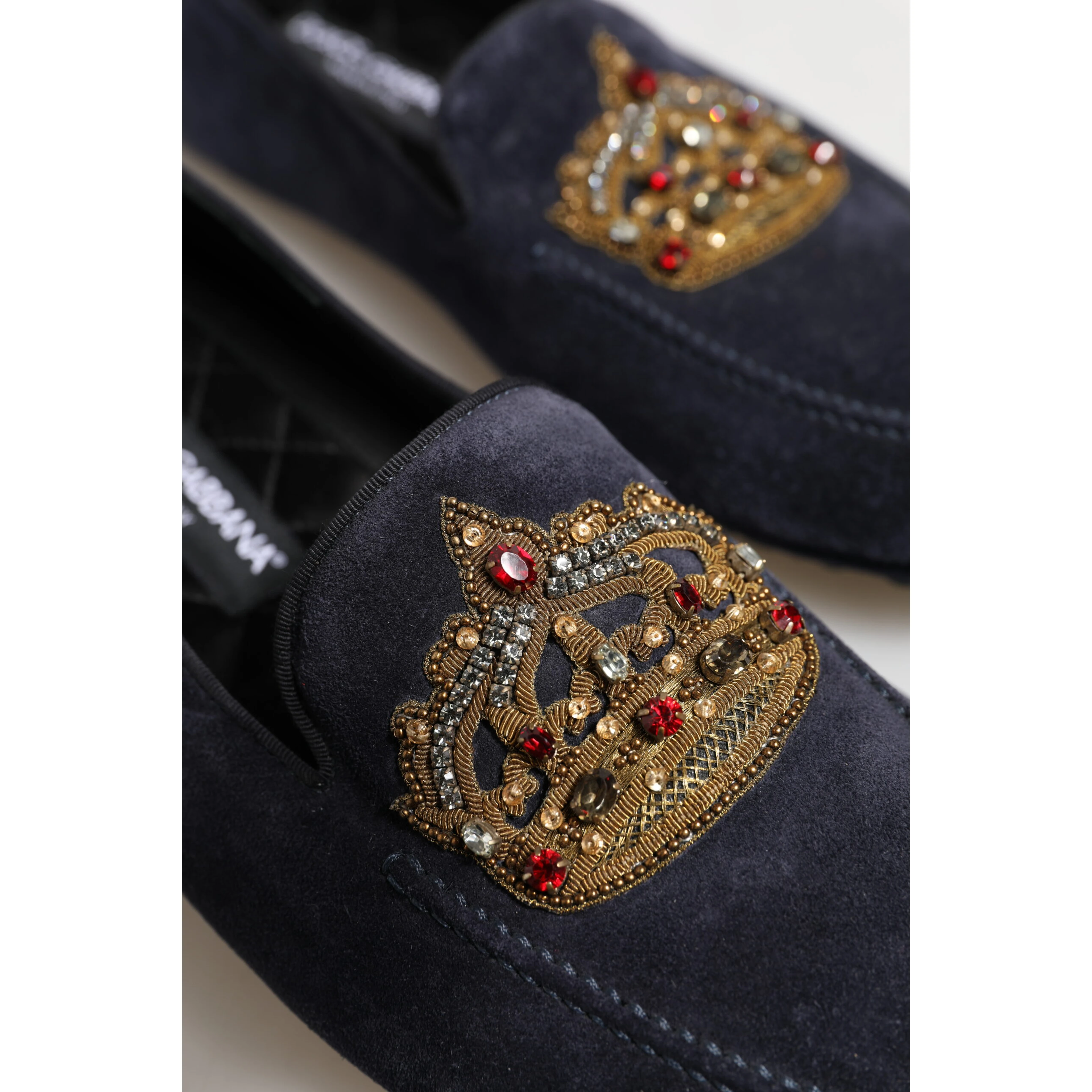 Blue Suede Crown Crystal Loafers Dress Shoes