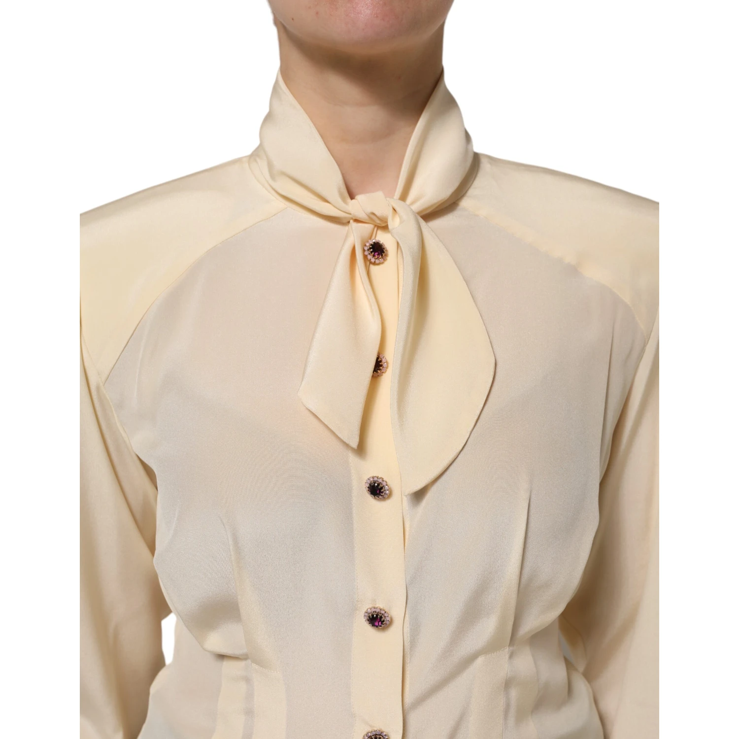 Light Yellow Ascot Collar Buttoned Blouse Top