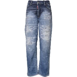 Blue Tattered Cotton Mid Waist Straight Denim Jeans