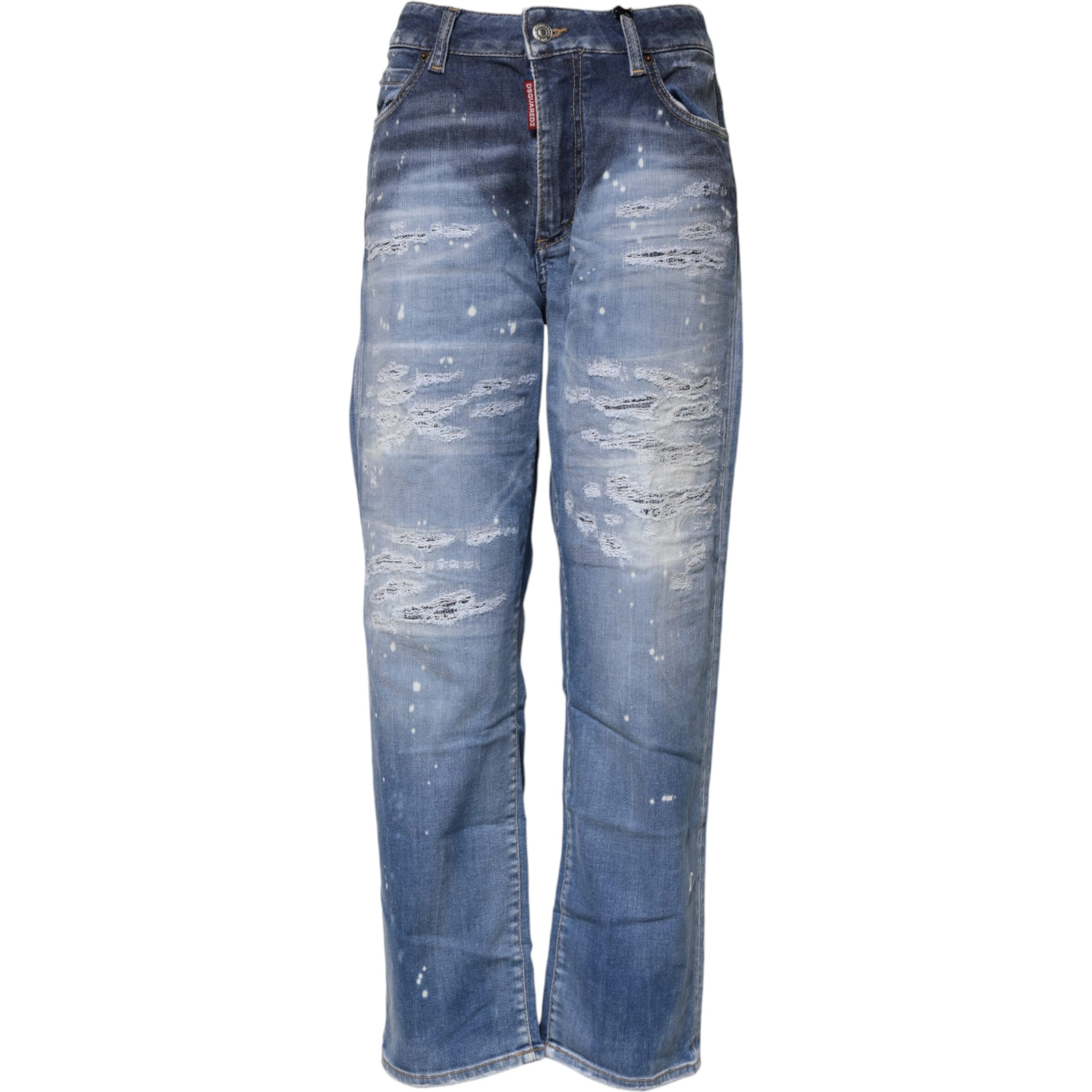 Blue Tattered Cotton Mid Waist Straight Denim Jeans