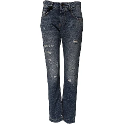 Blue Cotton Tattered Boyfriend Denim Jeans