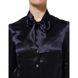 Dark Purple Silk Ascot Collared Blouse Top