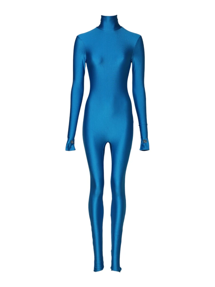 Blue Nylon Turtleneck Bodycon Jumpsuit Dress