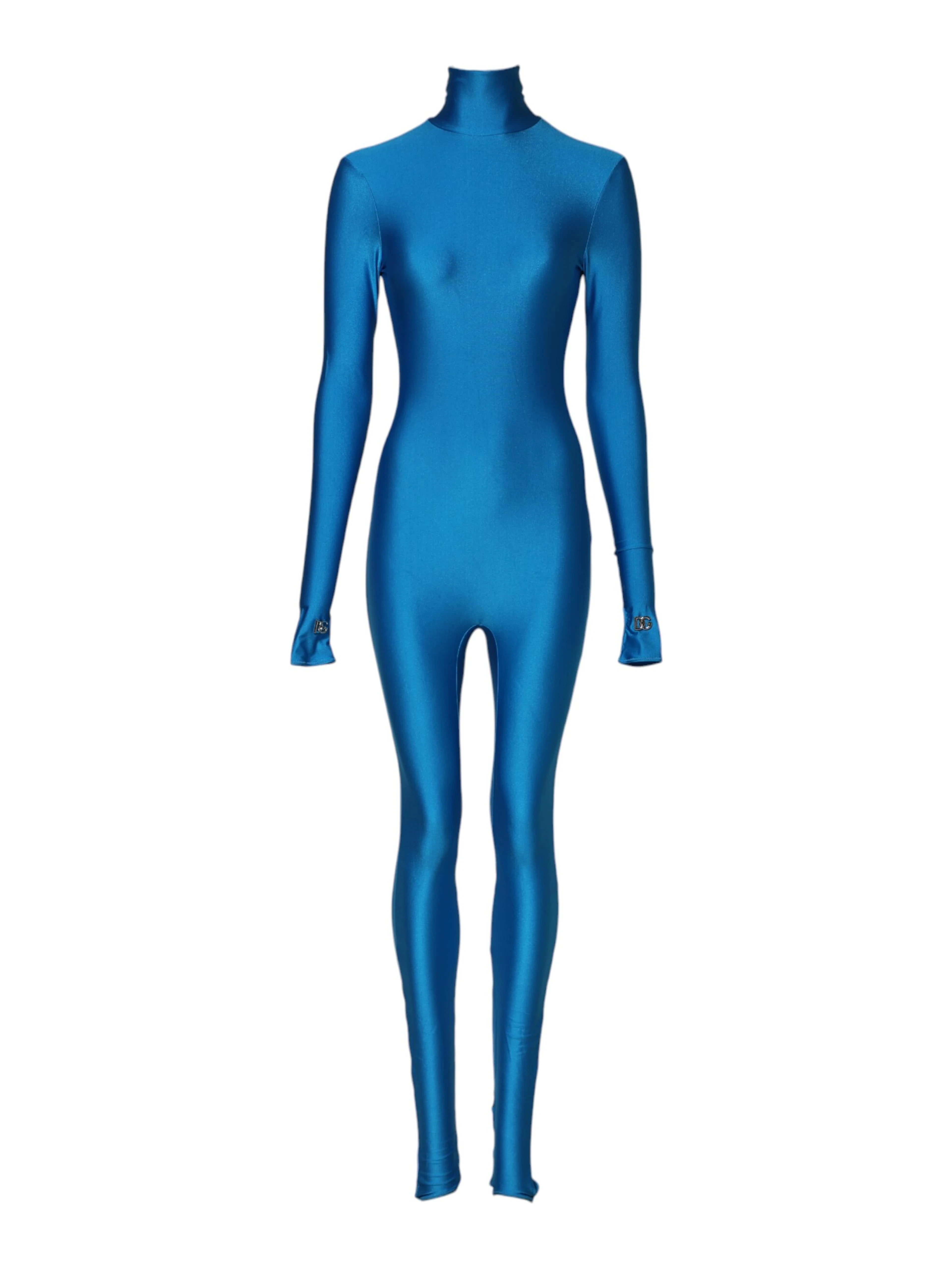 Blue Nylon Turtleneck Bodycon Jumpsuit Dress