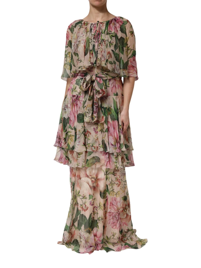 Pink Floral Print Tiered Long Maxi Dress
