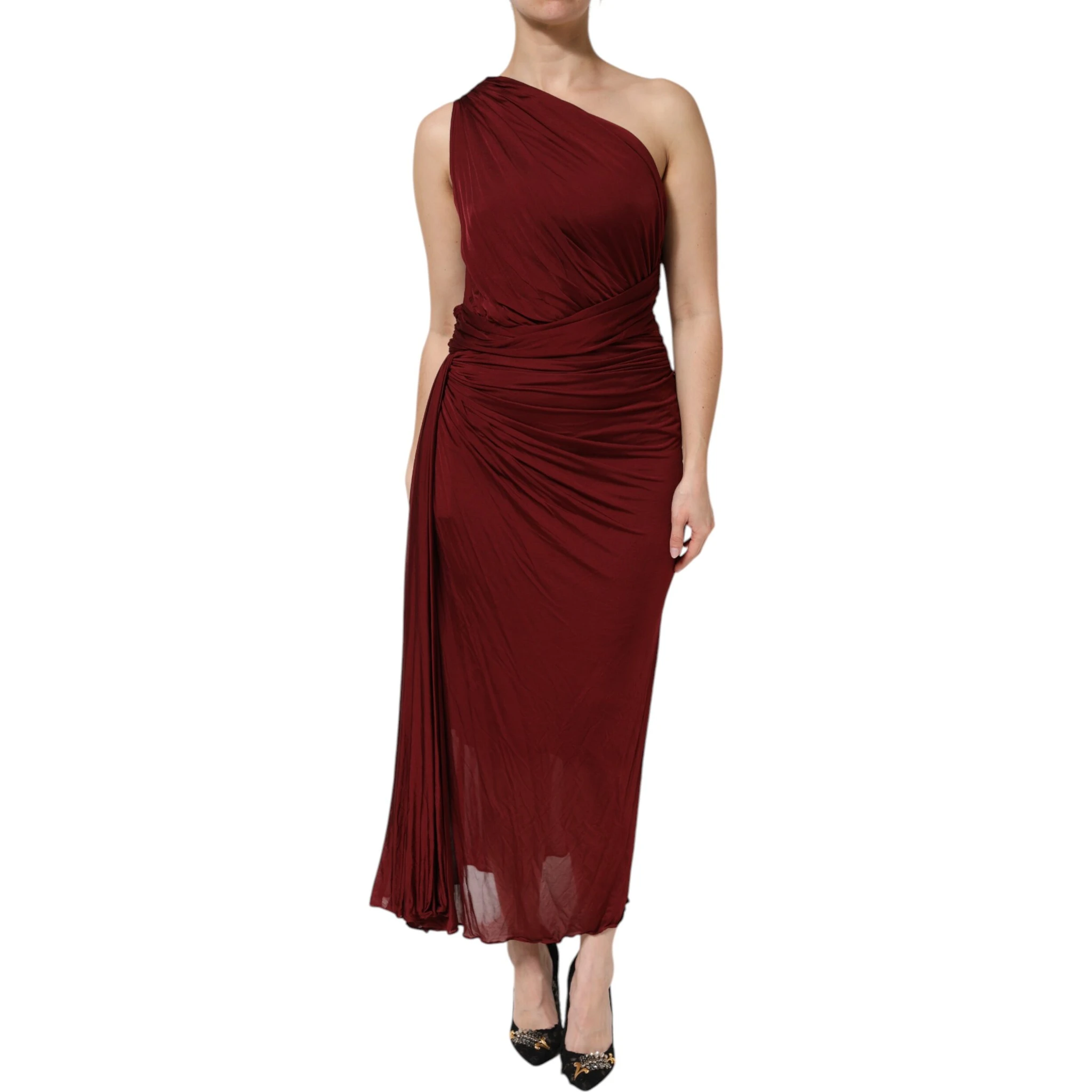 Red Viscose Fitted One Shoulder Midi Dress