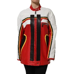 Multicolor Leather Biker Full Zip Coat Jacket