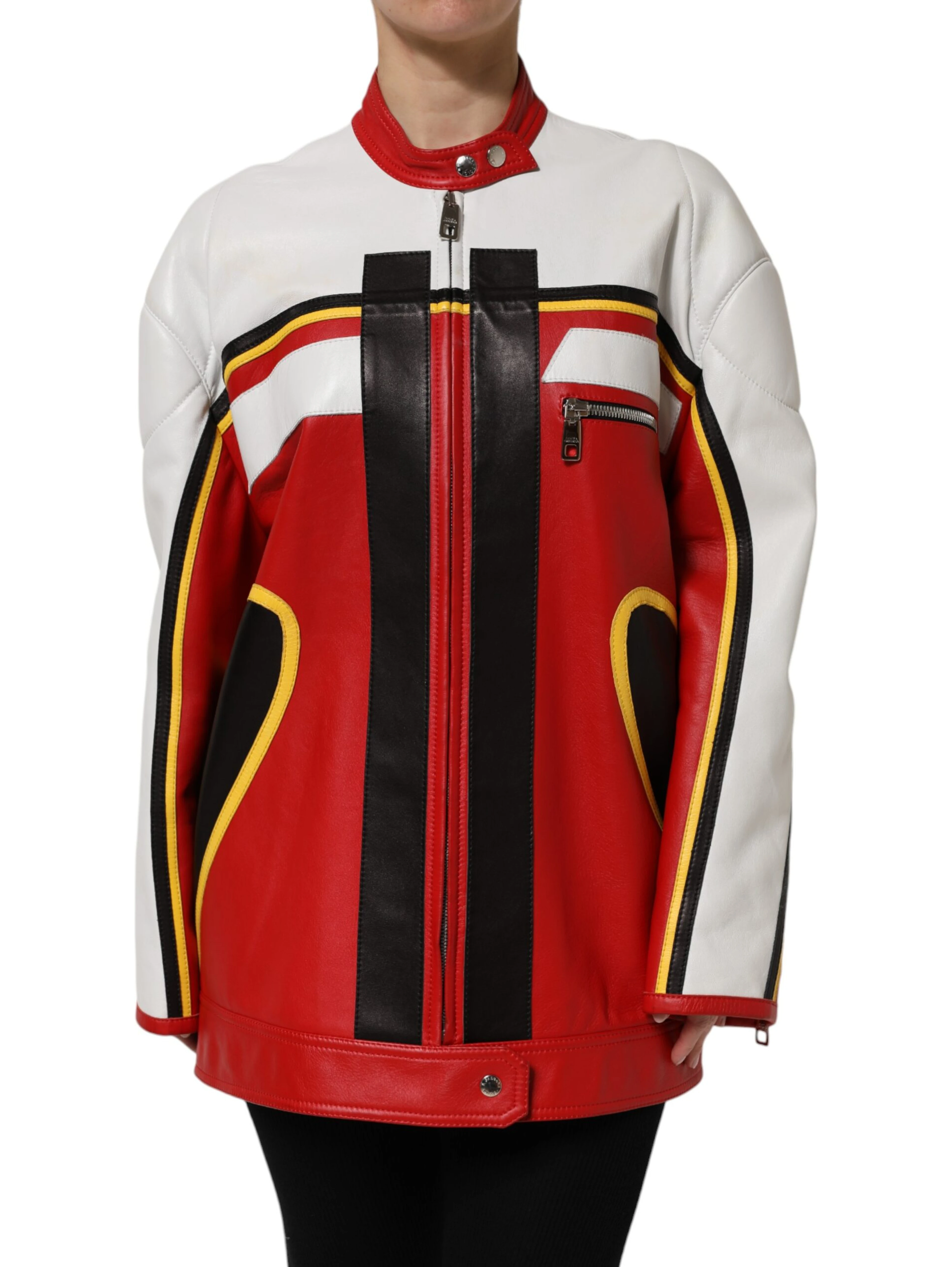 Multicolor Leather Biker Full Zip Coat Jacket
