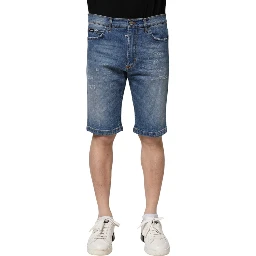 Blue Cotton Stretch Men Denim Bermuda Shorts