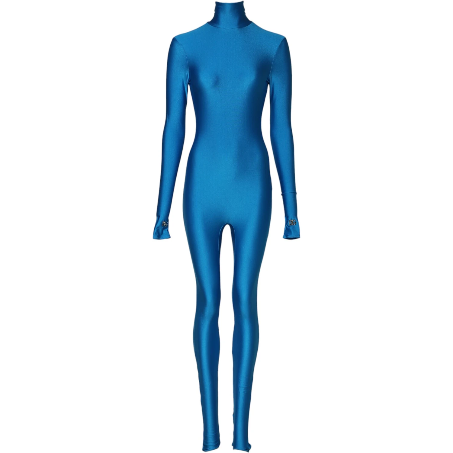 Blue Nylon Turtleneck Bodycon Jumpsuit Dress