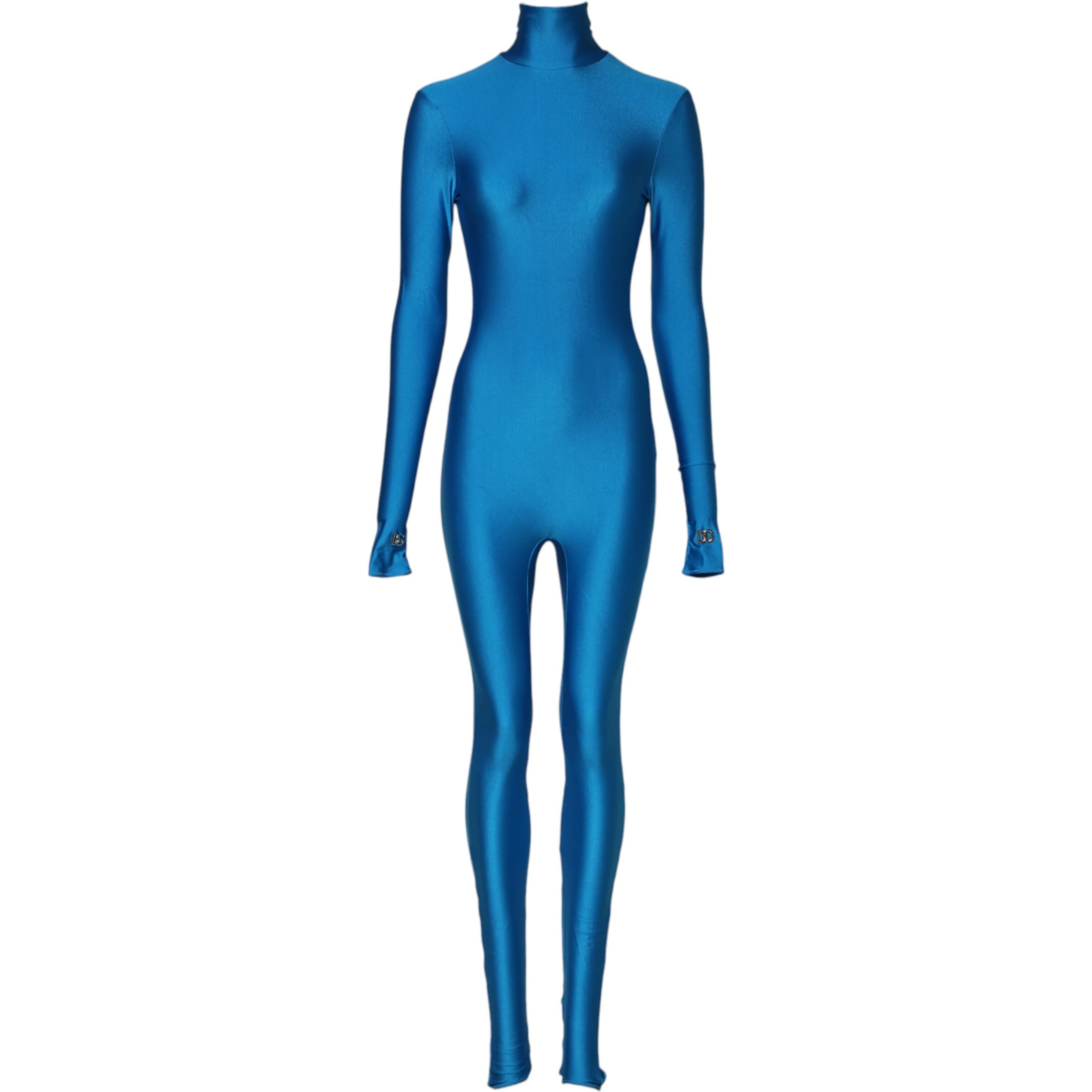 Blue Nylon Turtleneck Bodycon Jumpsuit Dress