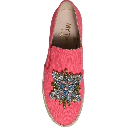 Pink Canvas Crystal Embellished Slip On Shoes