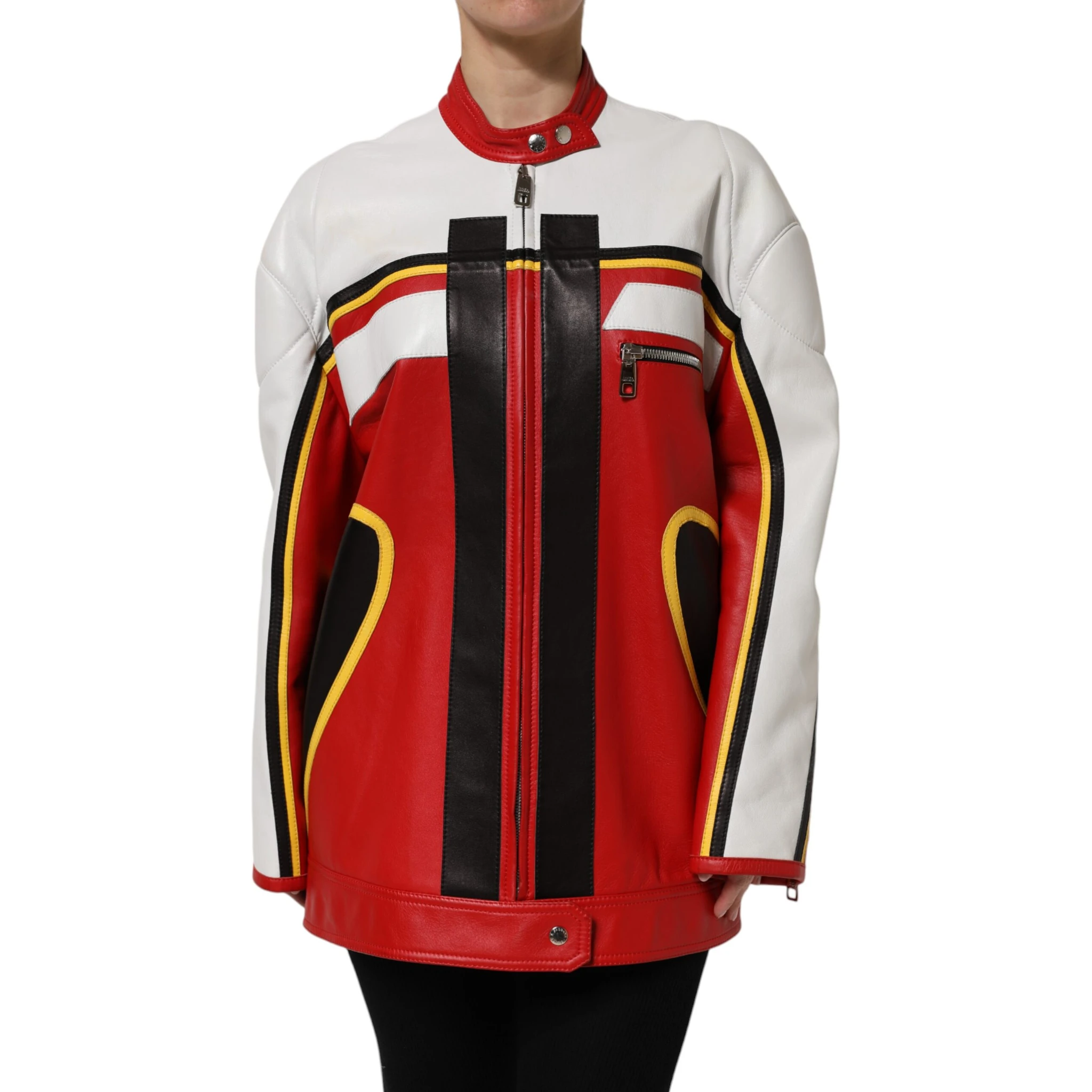 Multicolor Leather Biker Full Zip Coat Jacket