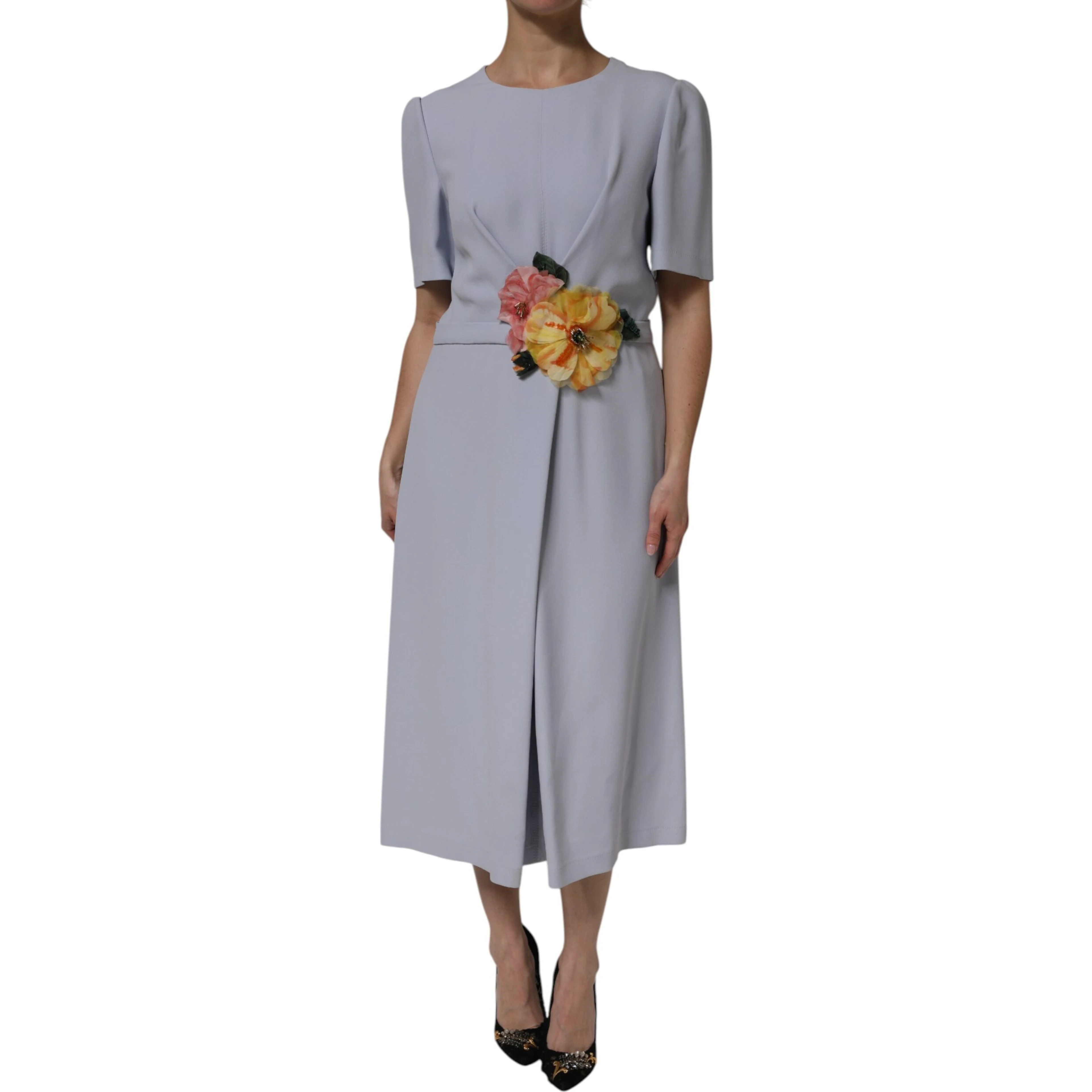 Gray Viscose ShortSleeve Sheath Midi Dress