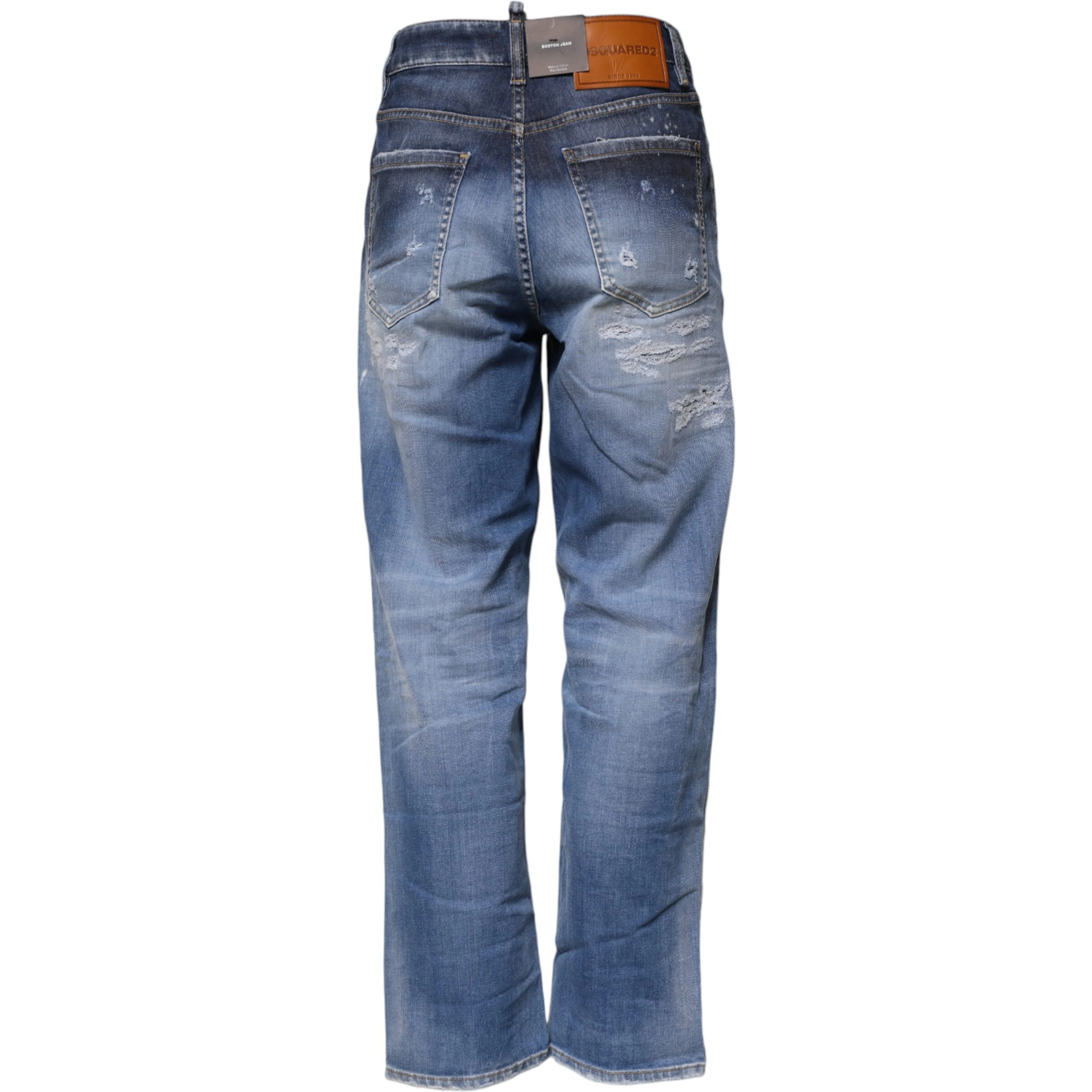 Blue Tattered Cotton Mid Waist Straight Denim Jeans