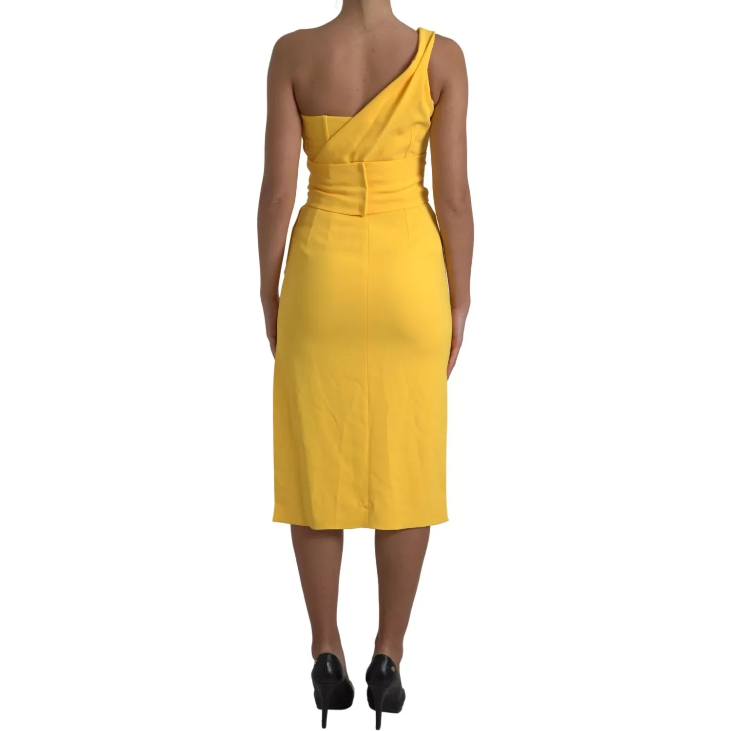 Yellow One Shoulder Slit Sheath Midi Dress
