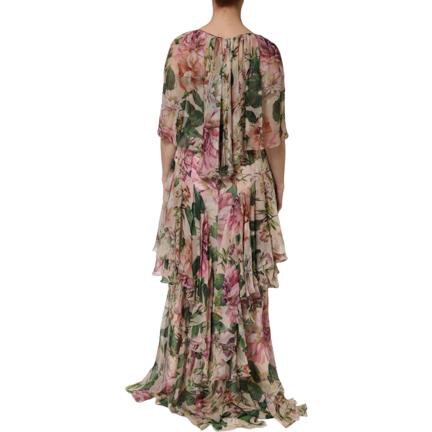 Pink Floral Print Tiered Long Maxi Dress