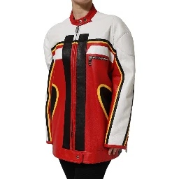 Multicolor Leather Biker Full Zip Coat Jacket