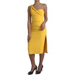 Yellow One Shoulder Slit Sheath Midi Dress