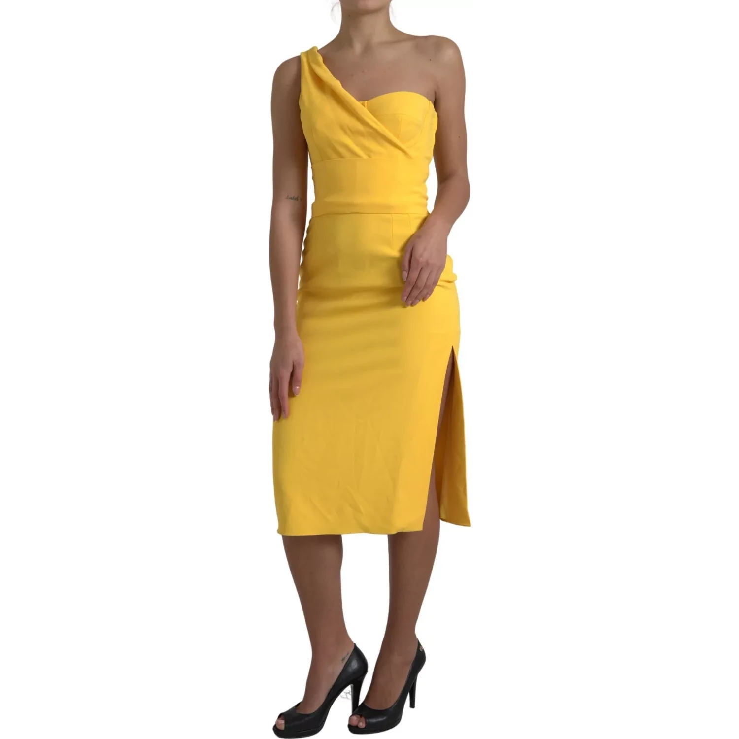Yellow One Shoulder Slit Sheath Midi Dress