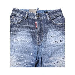 Blue Tattered Cotton Mid Waist Straight Denim Jeans