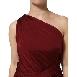 Red Viscose Fitted One Shoulder Midi Dress