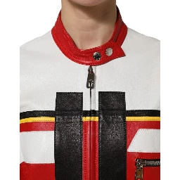 Multicolor Leather Biker Full Zip Coat Jacket