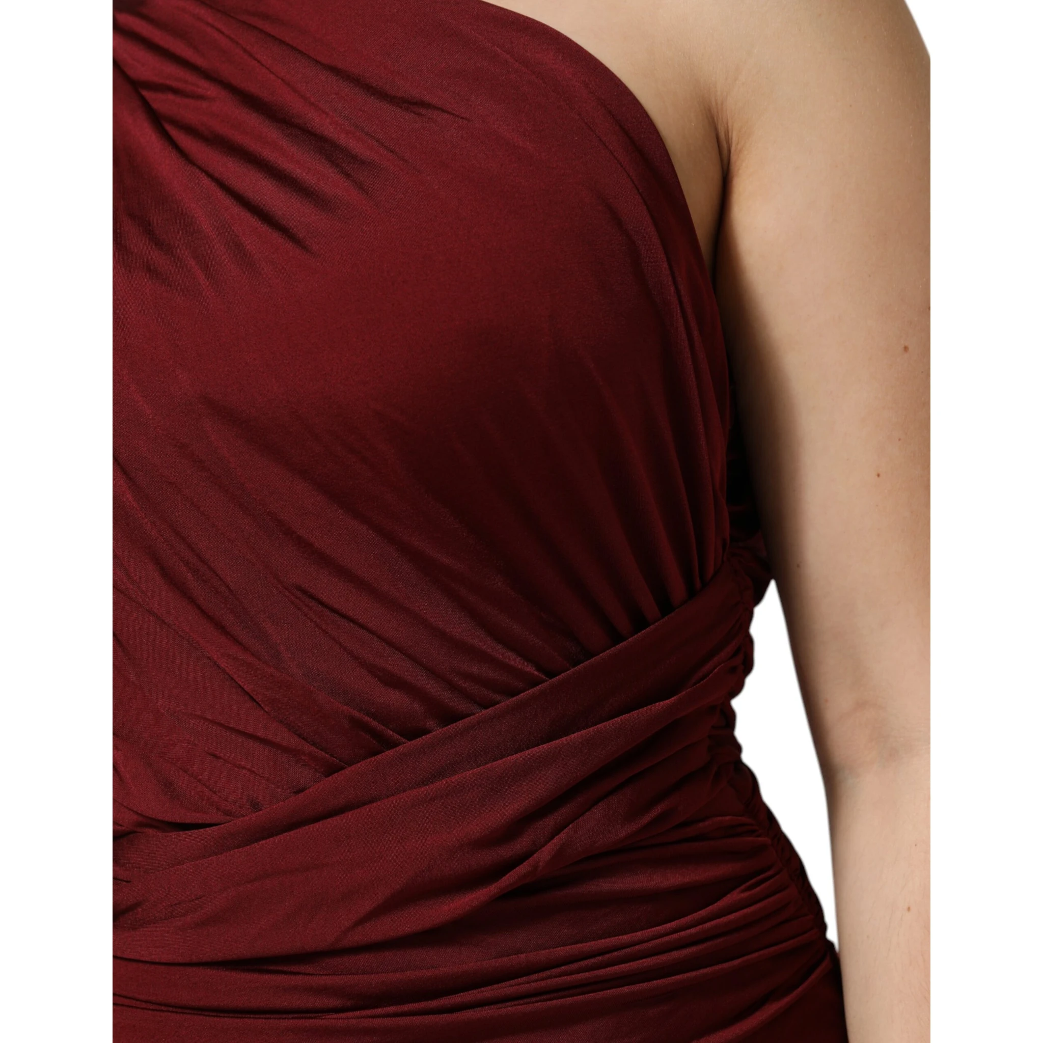 Red Viscose Fitted One Shoulder Midi Dress