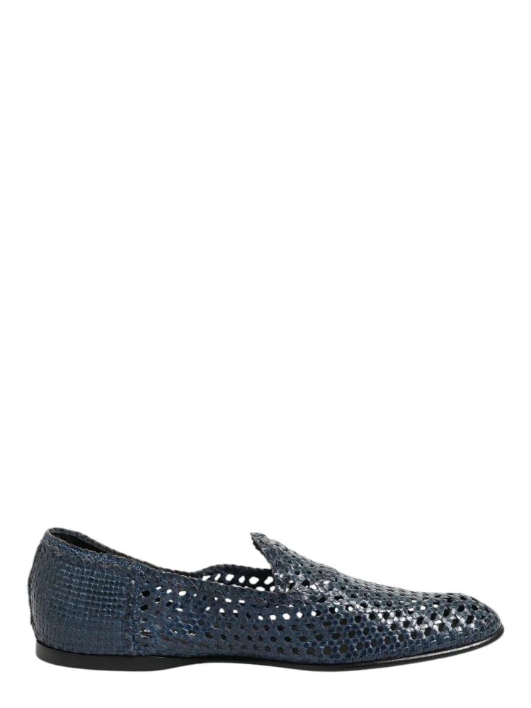 Blue Woven Leather Slip On Loafers Shoes