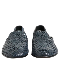 Blue Woven Leather Slip On Loafers Shoes