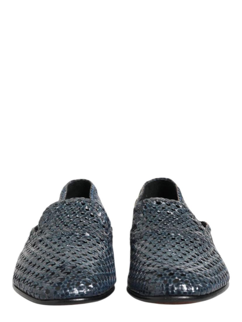 Blue Woven Leather Slip On Loafers Shoes